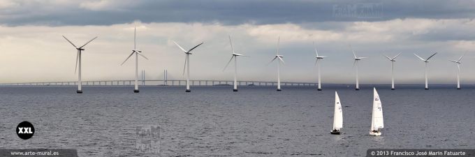 D3101F2. Windmills and boats with Öresund Bridge at the background, Copenhague 